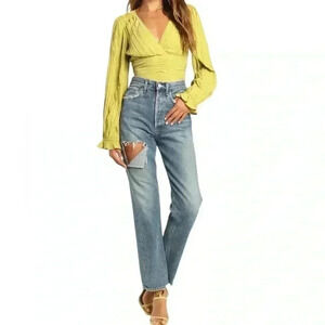 Lulu’s Bring the Pleat Lime Green Pleated Long Sleeve Top Blouse Size XL